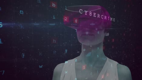 Cybersicherheitskonzepttexte-Gegen-Frau,-Die-VR-Headset-Verwendet