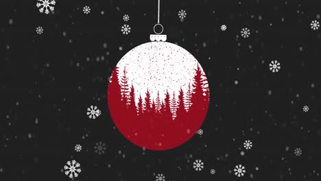 Christmas-bauble-dangling-with-Christmas-tree-pattern-against-snowflakes-falling-on-black-background