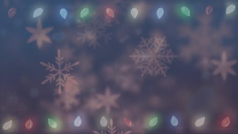 Spots-of-light-and-fairy-lights-against-snowflakes-moving-on-blue-background