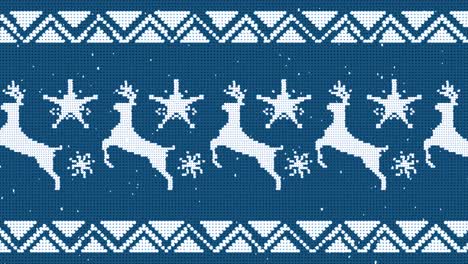 Traditional-Christmas-pattern-with-reindeers-and-stars-moving-against-blue-background