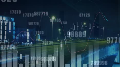 Financial-data-processing-and-multiple-numbers-changing-against-night-city-traffic