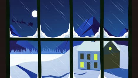 Fenstergitter-über-Der-Silhouette-Des-Weihnachtsmanns-Im-Schlitten,-Der-Von-Rentieren-Gegen-Den-Mond-Gezogen-Wird
