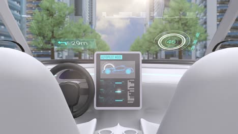 Videospiel-Simulationsbildschirm,-Der-Das-Auto-Cockpit-Beim-Fahren-Durch-Die-Straßen-Der-Stadt-Zeigt
