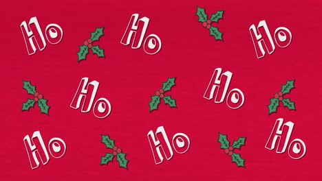 Multiple-Ho-text-and-holly-branches-moving-against-red-background
