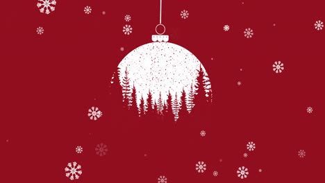 Christmas-bauble-dangling-with-Christmas-tree-pattern-against-snowflakes-falling-on-red-background