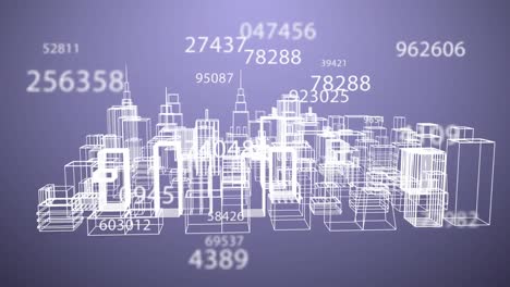 Multiple-numbers-changing-against-3D-city-model-on-purple-background