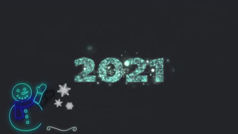 Neon-2021-text-and-snowman-against-fireworks-exploding-on-black-background