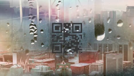 QR-code-scanner-with-neon-elements-against-window-with-raindrops-and-cityscape