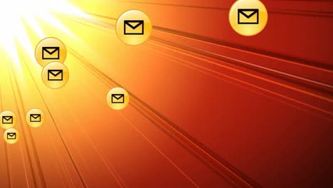 Multiple-envelope-icons-floating-against-orange-light-trails-in-background