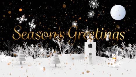 Snowflakes-falling-over-Seasons-Greetings-text-against-winter-landscape