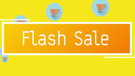 Flash-Sale-Text-Vor-Warenkorbsymbolen,-Die-Auf-Gelbem-Hintergrund-Schweben