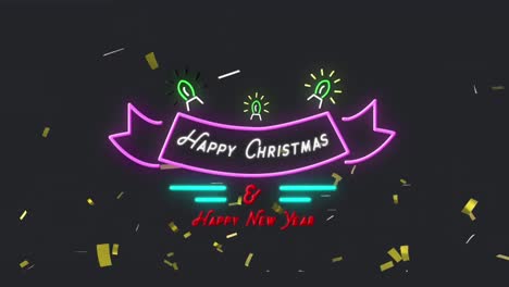 Confetti-falling-over-Happy-Christmas-and-Happy-New-Year-neon-text-against-black-background