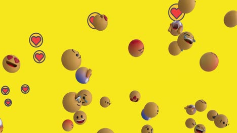 Múltiples-Emojis-De-Caras-E-íconos-De-Corazón-Flotando-Sobre-Un-Fondo-Amarillo