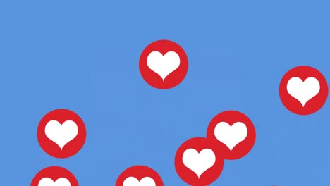 Multiple-heart-balloons,-icons-and-emojis-floating-against-blue-background