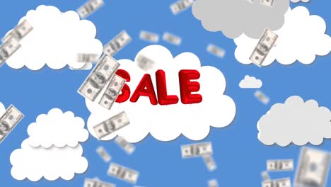 American-dollars-falling-against-sale-text-balloon-in-blue-sky
