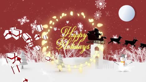 Snowflakes-falling-over-Happy-Holidays-text-against-winter-landscape