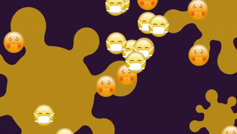 Übelkeit-Und-Gesicht-Mit-Masken-Emojis,-Die-Vor-Covid-19-Zellen-Auf-Violettem-Hintergrund-Schweben