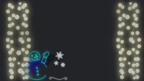 Neon-snowman-against-glowing-fairy-lights-on-black-background