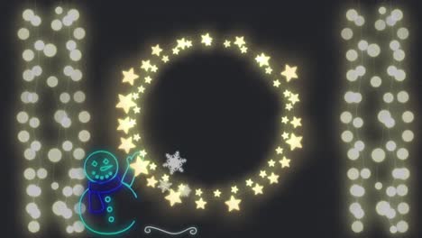 Neon-snowman-against-glowing-fairy-lights-on-black-background