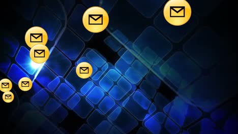 Multiple-envelope-icons-floating-against-blue-squares-moving-on-black-background