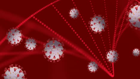 DNA-Struktur,-Die-Sich-Gegen-Covid-19-Zellen-Auf-Rotem-Hintergrund-Bildet