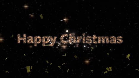Happy-Christmas-text-over-firework-exploding-confetti-falling-against-black-background-