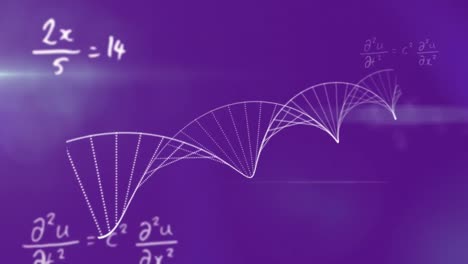 Estructura-De-Adn-Que-Se-Forma-Contra-Ecuaciones-Matemáticas-Sobre-Fondo-Púrpura