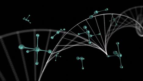 DNA-Struktur,-Die-Sich-Vor-Molekularen-Strukturen-Auf-Schwarzem-Hintergrund-Bildet