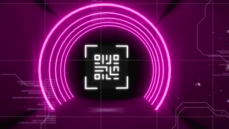 QR-code-scanner-over-neon-circles-against-data-processing