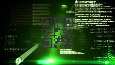 QR-code-scanner-against-data-processing-on-green-background