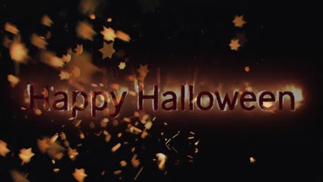 Fröhlicher-Halloween-Text-Auf-Flammen-Vor-Sternen,-Die-Sich-Auf-Schwarzem-Hintergrund-Bewegen
