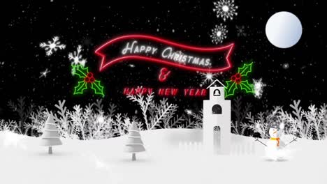 Copos-De-Nieve-Cayendo-Sobre-Feliz-Navidad-Y-Feliz-Año-Nuevo-Texto-Contra-El-Paisaje-Invernal