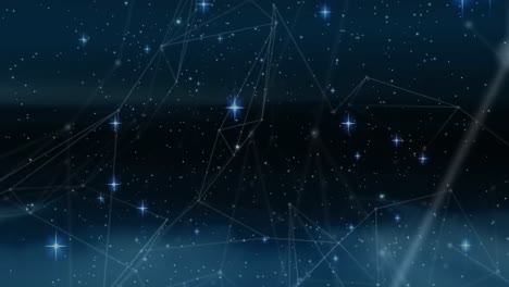 Leuchtende-Sterne-Und-Netzwerk-Von-Verbindungen,-Die-Sich-Vor-Blauem-Hintergrund-Bewegen