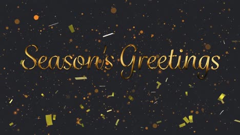 Seasons-Greetings-text-against-spots-of-light-and-confetti-falling-against-black-background