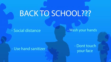 Text-„Zurück-Zur-Schule“-Und-Text-Zum-Thema-„Coronavirus“-Vor-Silhouetten-Von-Kindern-Auf-Blauem-Hintergrund