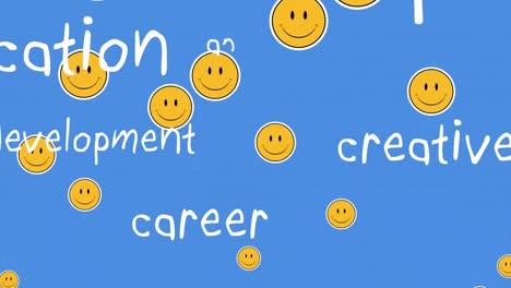 Schulkonzepttexte-Vor-Smiley-Emoji-Symbolen,-Die-Auf-Blauem-Hintergrund-Schweben