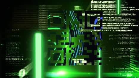 QR-code-scanner-with-neon-elements-against-data-processing-on-green-background-