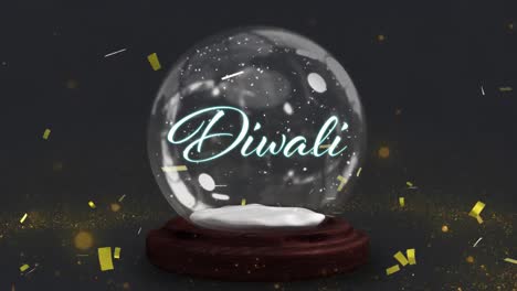 Texto-De-Diwali-Contra-Un-Rastro-De-Luz-Y-Confeti-Sobre-Una-Bola-De-Nieve-Sobre-Fondo-Negro