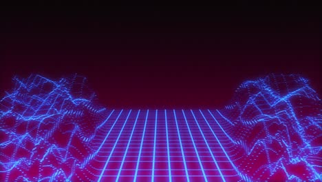 Neon-grid-lines-moving-in-waves-against-red-background