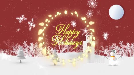 Snowflakes-falling-over-Happy-Holidays-text-and-fairy-lights-against-winter-landscape