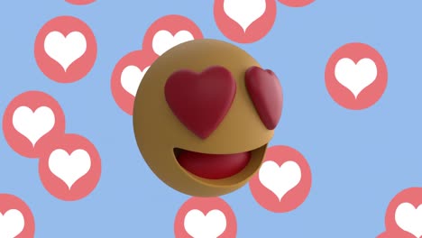 Herz-Augen-Gesichts-Emoji-Vor-Herz-Symbolen,-Die-Auf-Blauem-Hintergrund-Schweben