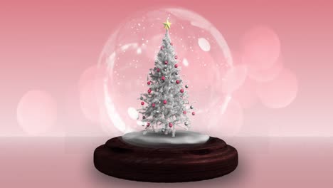 Light-trails-moving-around-snow-globe-against-pink-background