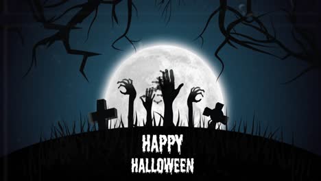 Happy-Halloween-text-against-zombie-hands-and-bats-flying