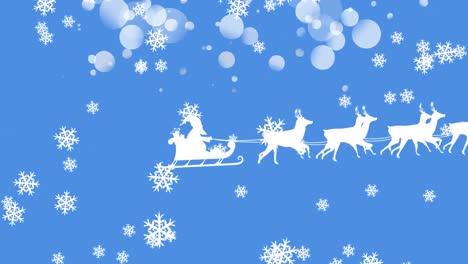 Animation-of-winter-scenery-with-snowflakes-falling-and-santa-claus-in-sleigh-being-pulled-by-reinde