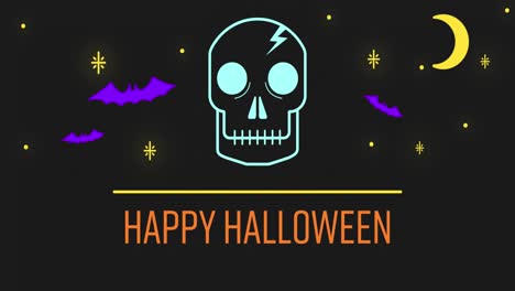 Feliz-Texto-De-Halloween-Contra-El-Cráneo,-Los-Murciélagos-Y-La-Luna-Sobre-Fondo-Negro
