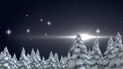 Animation-of-winter-scenery-with-fir-tress,-glowing-star-and-snow-falling-on-dark-blue-background