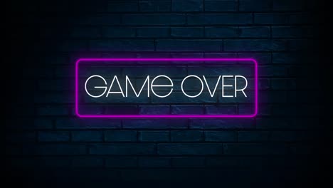 Digital-animation-of-game-over-text-in-neon-box-frame-against-blue-brick-wall