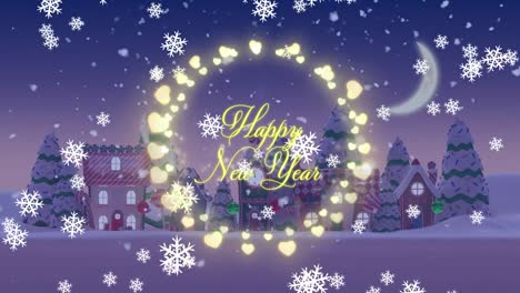Animation-of-Happy-New-Year-text-with-glowing-fairy-lights-and-snow-falling-over-winter-scenery-at-n