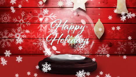 Animation-of-happy-holidays-text-on-snow-globe,-shooting-star-and-snow-falling-on-red-background