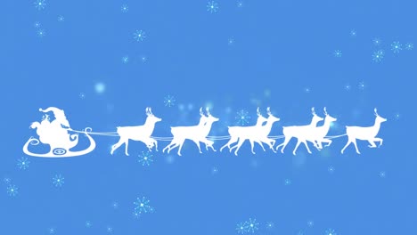 Animation-of-winter-scenery-with-snowflakes-falling-and-santa-claus-in-sleigh-being-pulled-by-reinde